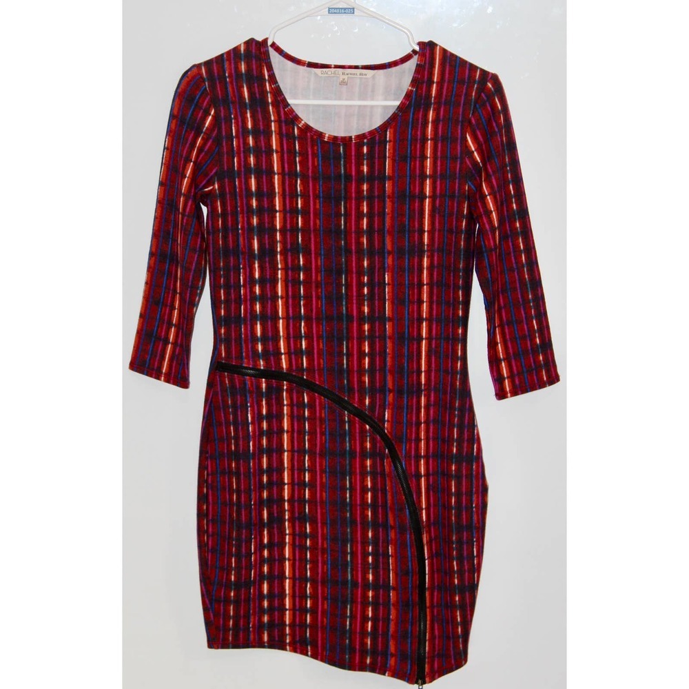 Women's Rachel Roy Red Plaid 3/4 Sleeve Zipper Party Mini Dress Size Medium NWOT